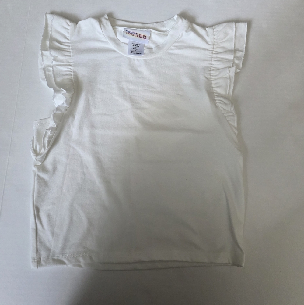 Tween Diva Girl Size 12 White Ruffled Sleeve T-Shirt Lake New